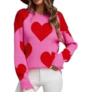 Pink & Red Heart Print Knit Sweater | Valentine’s Day Pullover